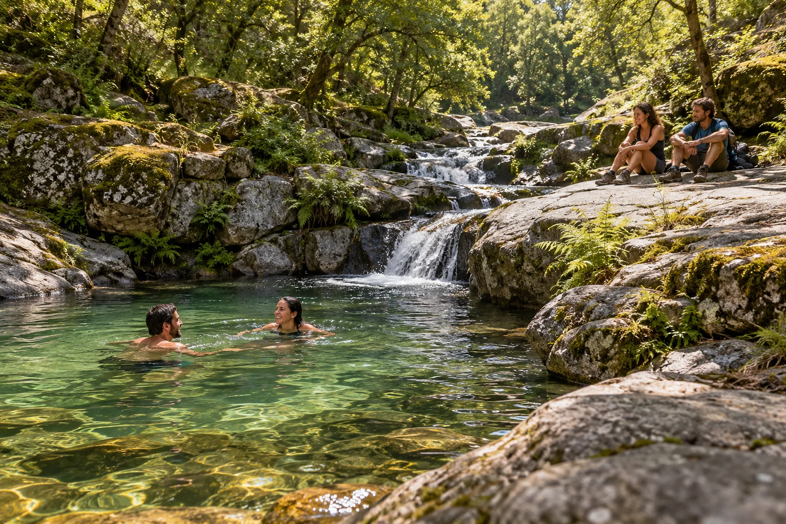 Escena ilustrativa de baño en pozas naturales, generada con IA