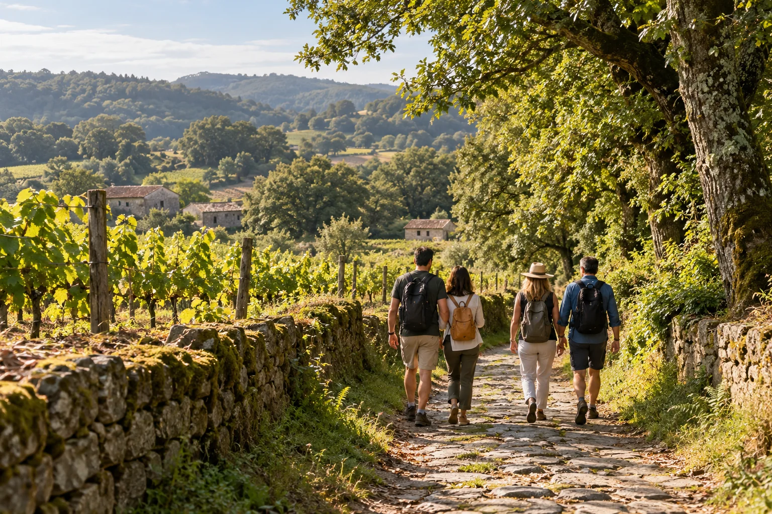 Escena ilustrativa de un paseo entre viñedos, generada con IA