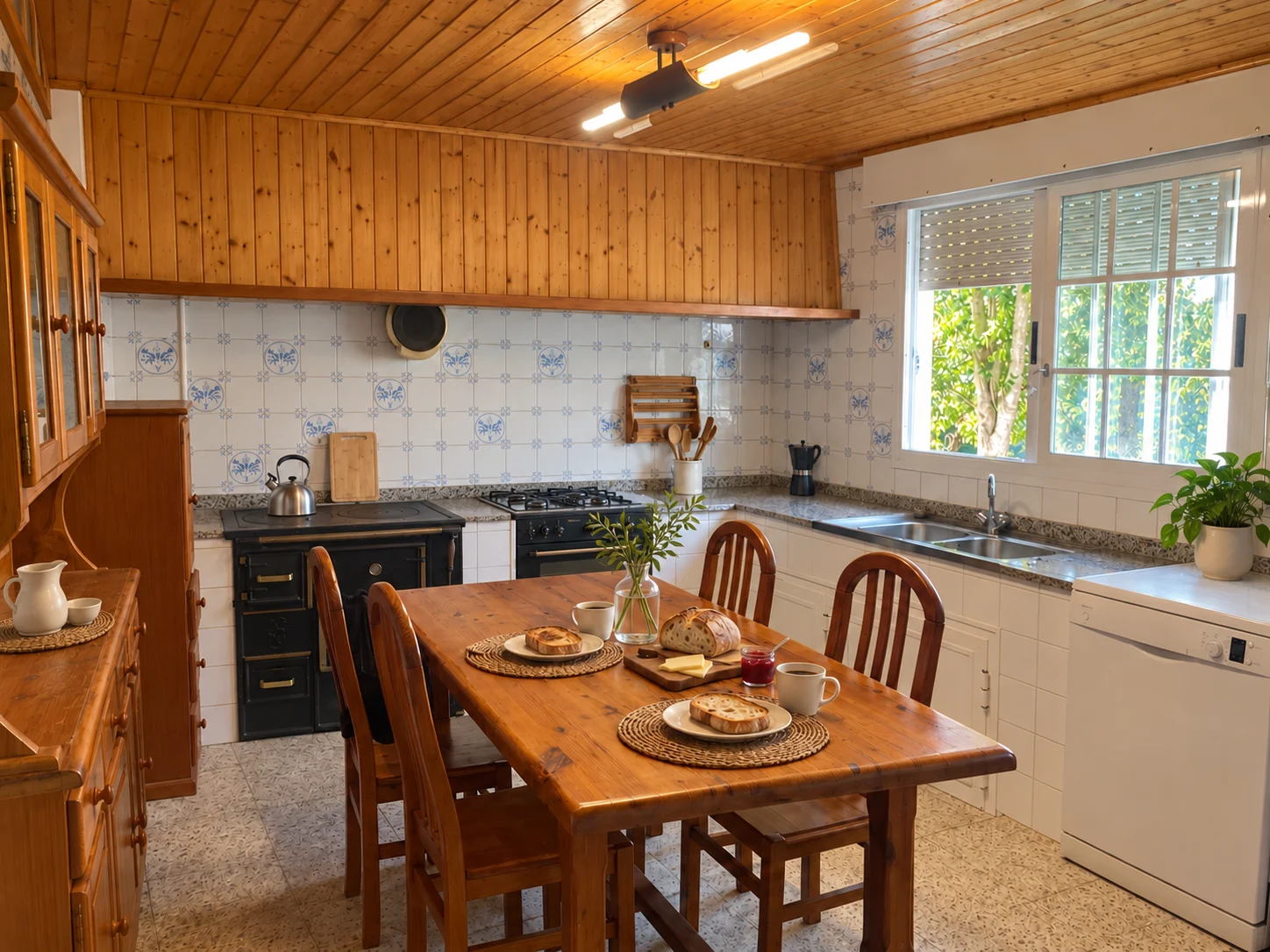 Cocina y comedor de Casa Cruceira con cocina de leña tradicional