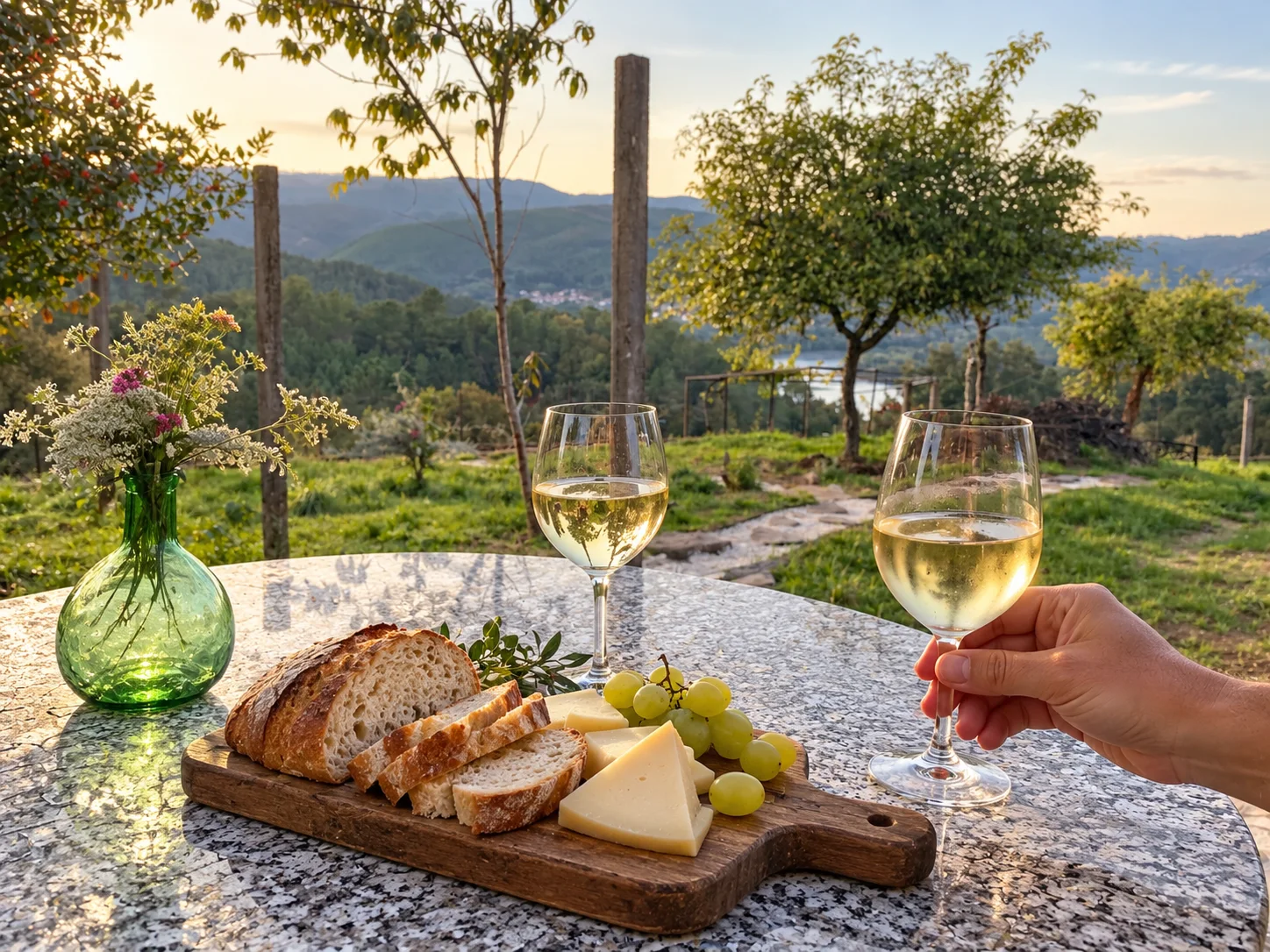 Dos copas de Ribeiro y un aperitivo en la mesa de piedra con vistas al Miño