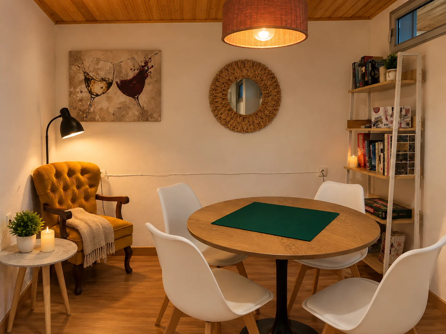 Sala de lectura con butaca y mesa en Casa Cruceira